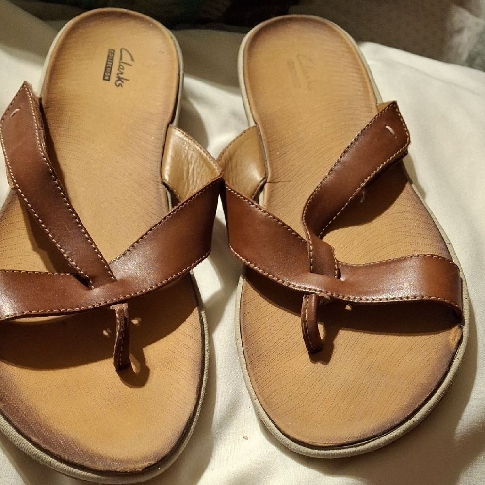 Clarks Tan Leather Slide Sandals
